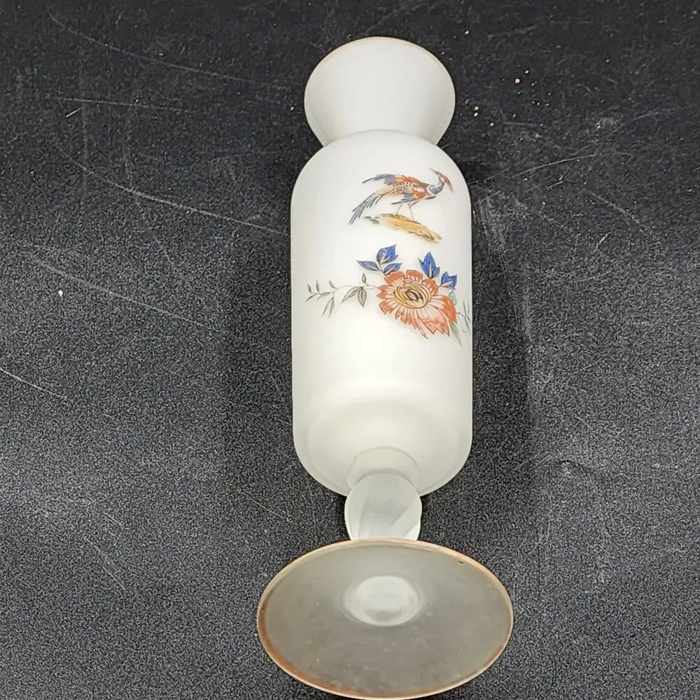 Norleans Frosted Satin Art Glass Vase Hand Painted Bird Bristol Gold Trim 10